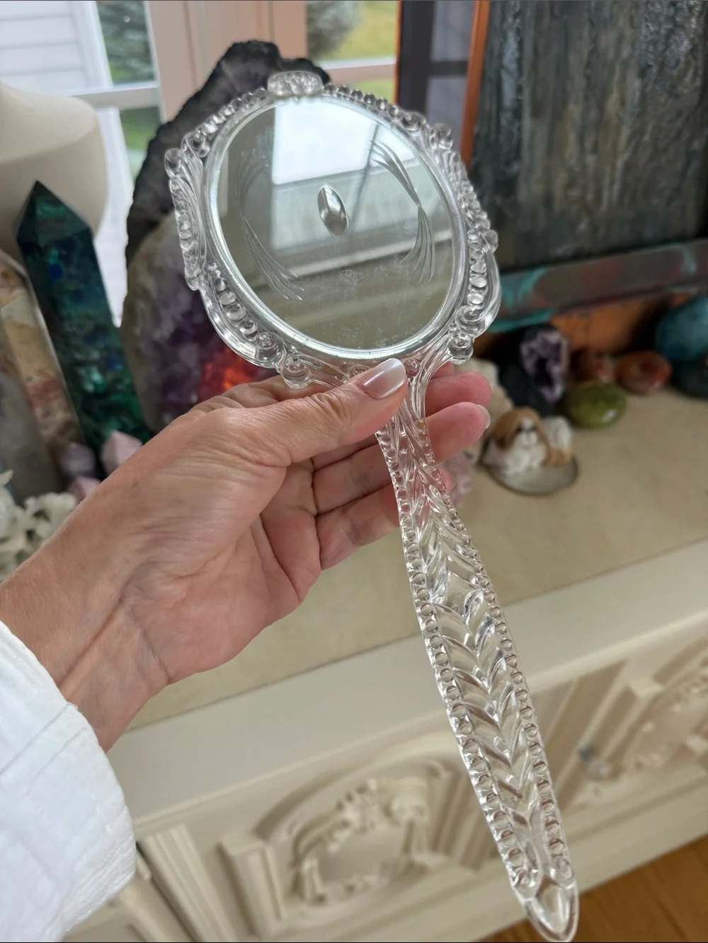 Vintage Clear Lucite Handheld Vanity Mirror